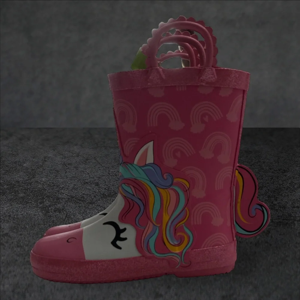 members mark Unicorn Rain Boots‎ Youth Toddler Girls Pink Rubber Rainbow sz 7/8